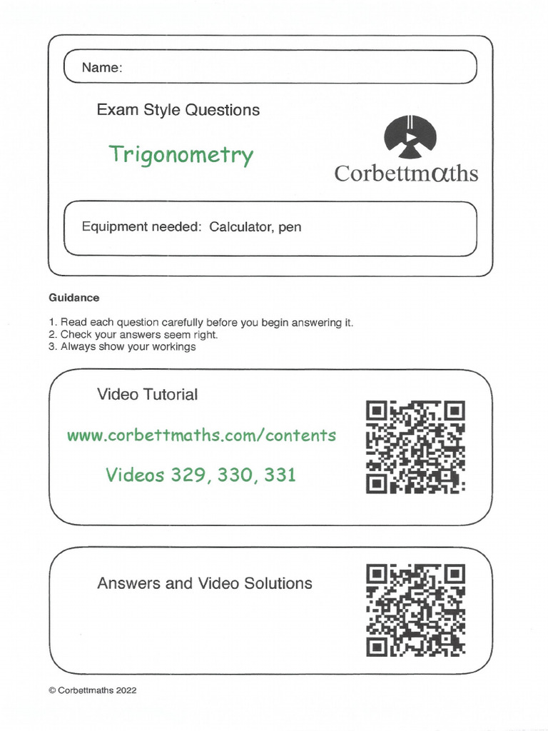 Corbettmaths Trigonometry Answers 2022 | PDF