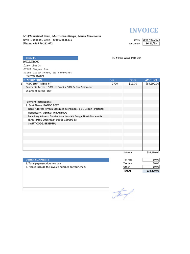 Po#4 2700 Invoce Kimiko 100% - Mullybox | PDF