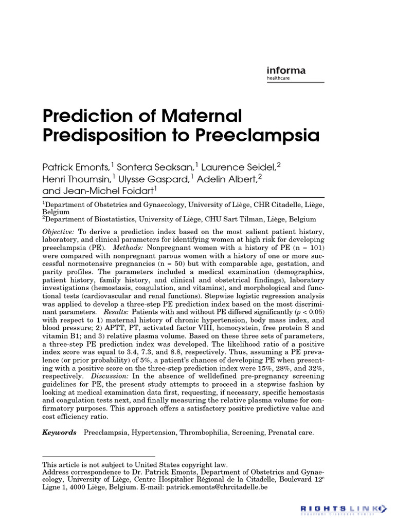 Prediction of Maternal Predisposition To Preeclampsia | PDF | Blood ...