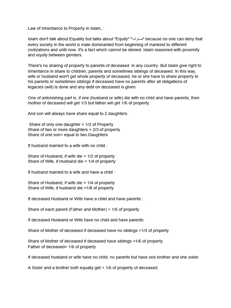 Law of Inheritance, Islamic Law | PDF | Parent | Wife