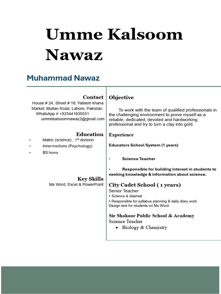 Science Teacher Resume of Umme Kalsoom | PDF