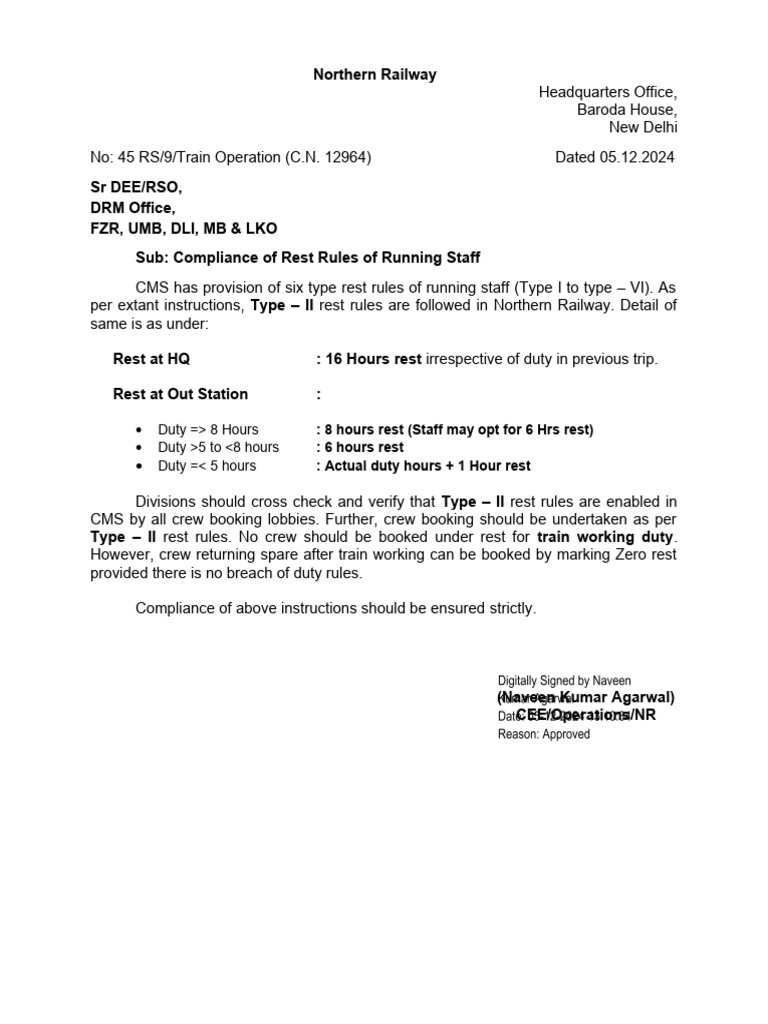 Northern Railway Staff Rest Rules Compliance | PDF