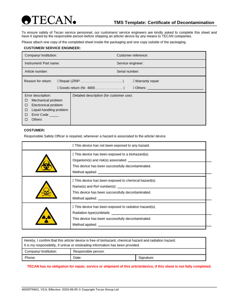 40205TMt01 Certificate of Decontamination-1 | PDF | Safety