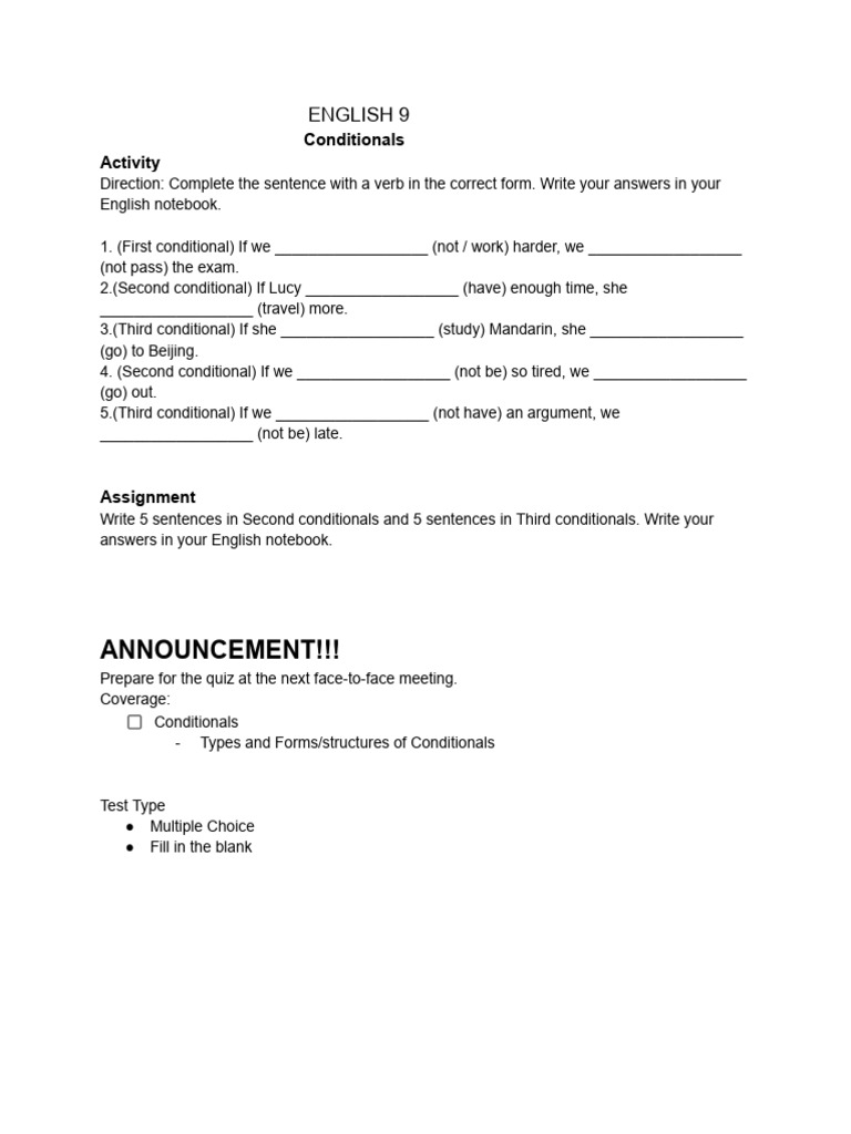 English 9 Conditionals Activity Guide | PDF