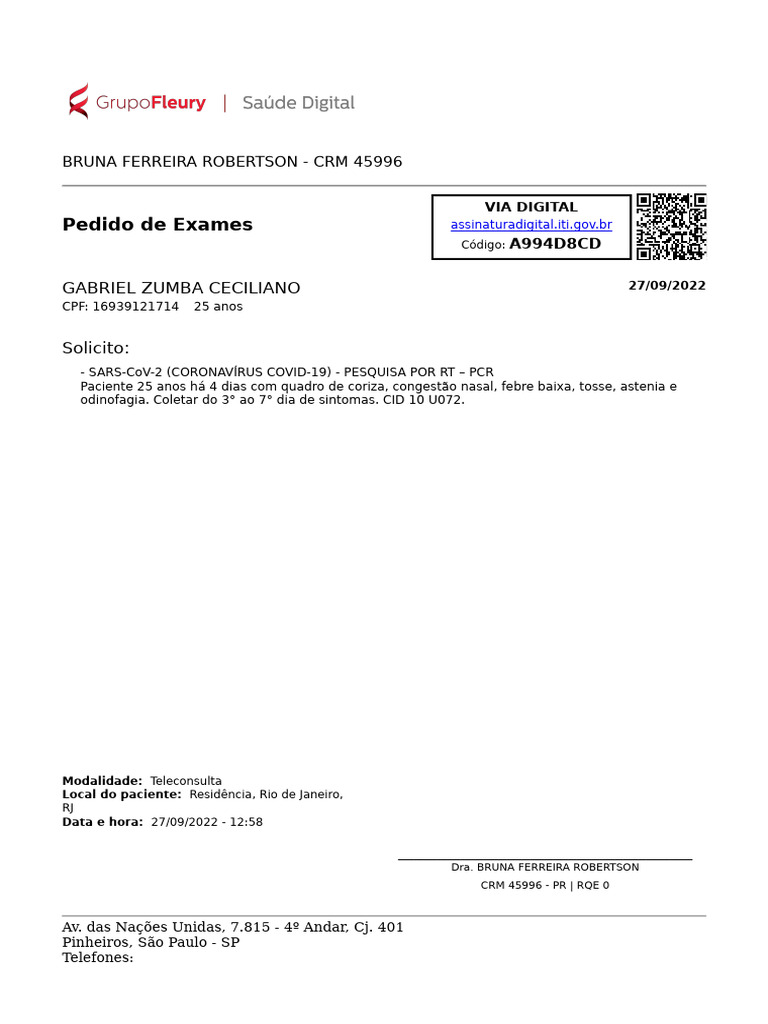 Pedido de Exame RT-PCR COVID-19 | PDF
