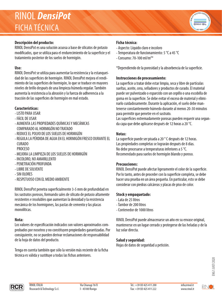 RINOL DensiPot: Tratamiento para Hormigón | PDF | Hormigón | Materiales