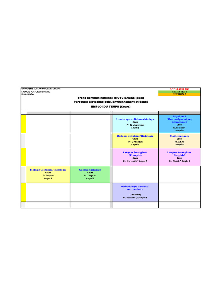 Emploi du temps 2024-2025 BCG Khouribga | PDF | Science de la nature