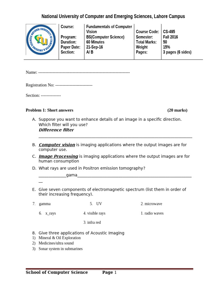CS-495 Computer Vision Exam Paper | PDF | Electromagnetic Radiation ...