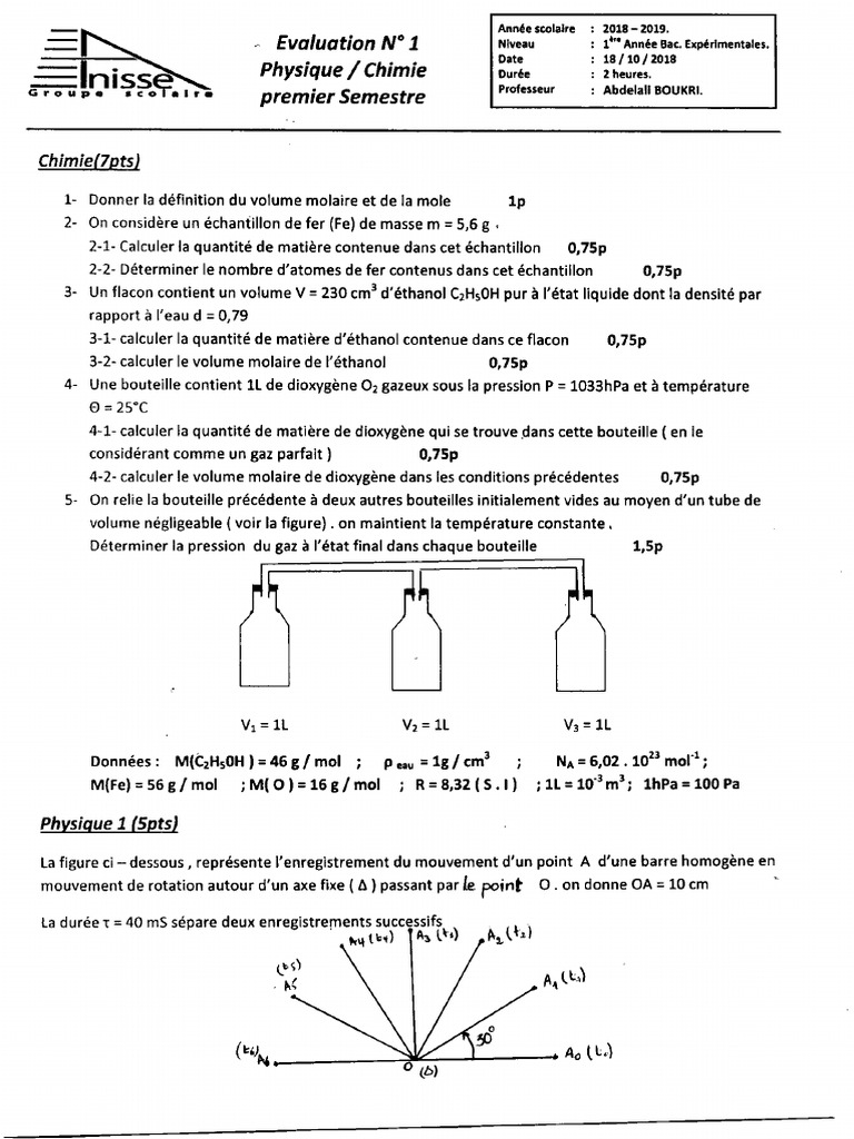 Devoir 1 Modele 11 Physique Chimie 1er Bac Semestre 1 | PDF