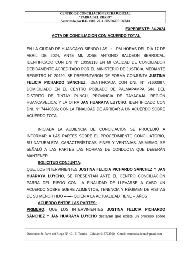 Acta de Conciliación en Huancayo 2024 | PDF | Justicia | Crimen y violencia