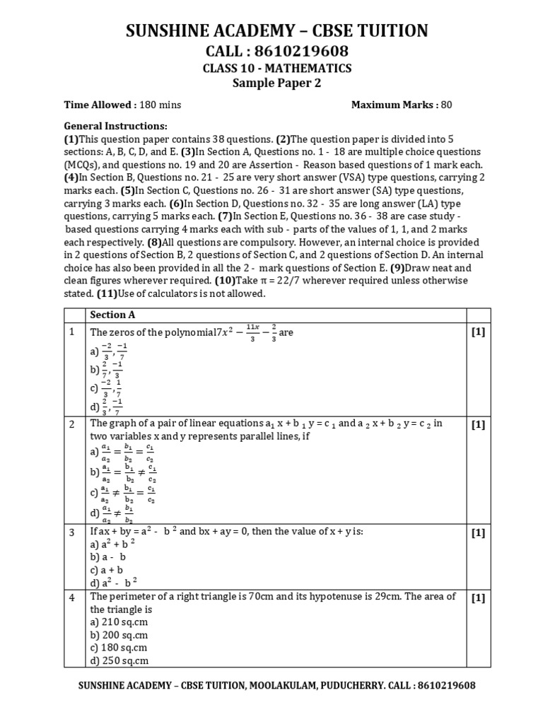 Class 10 Mathematics Sample Paper | PDF | Sphere | Circle