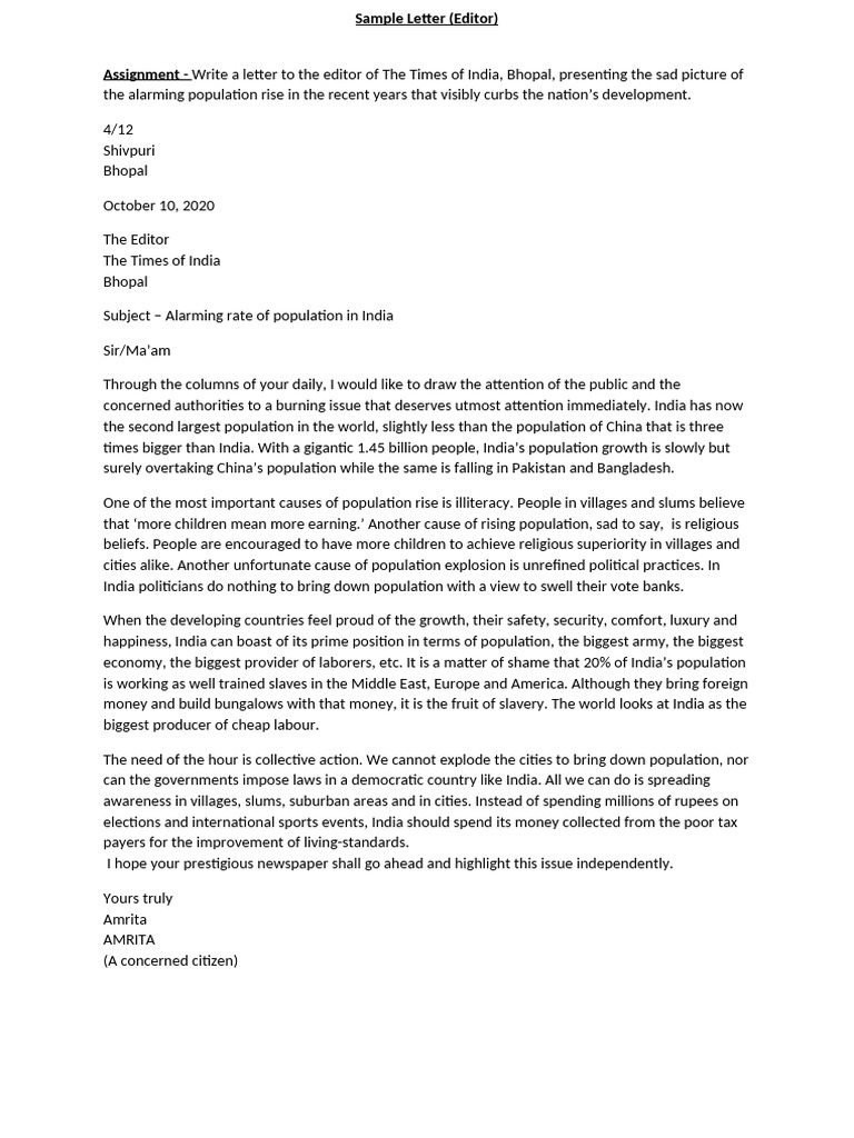 Sample Letter To The Editor | PDF
