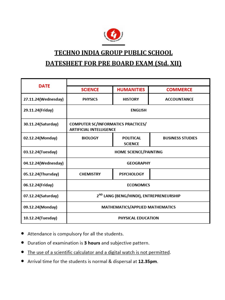 Pre Board Exam Datesheet for Std XII | PDF