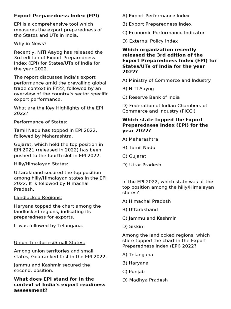 Export Preparedness Index Pdf Economies Economy Of India