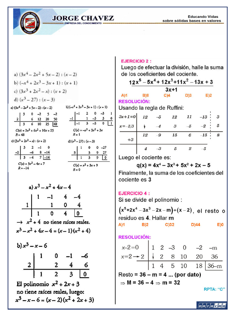Método de Ruffini y Horner en Álgebra | PDF | División (Matemáticas ...
