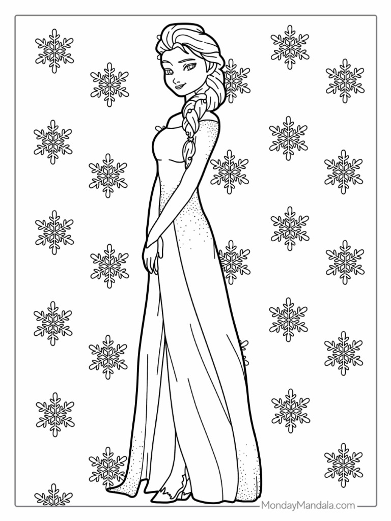 Elsa Stunning Dress With Snowflake Background Coloring Page | PDF