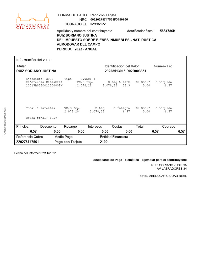 Justificante de Pago IBI 2022 | PDF | Dinero | Economias