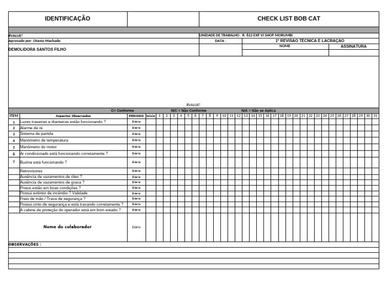 Check List de Manutenção Bob Cat | PDF