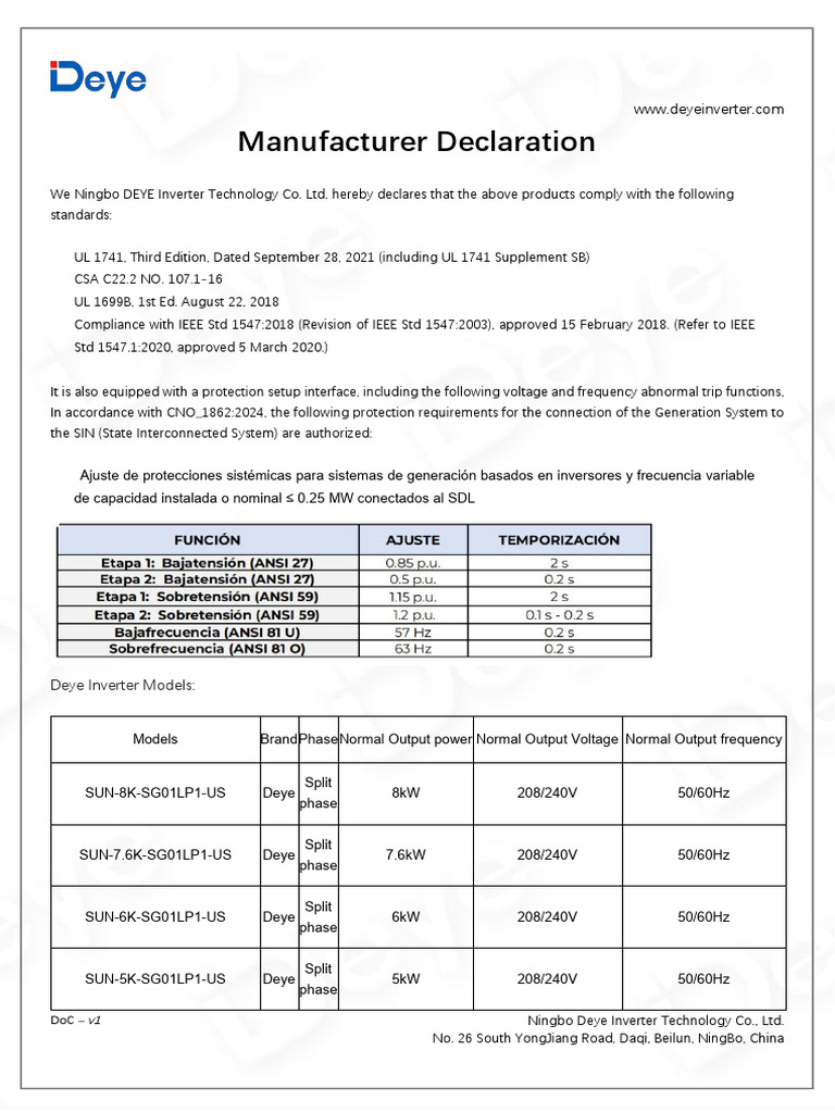 Deye Inverter Compliance Declaration | PDF | Power Inverter | Power ...