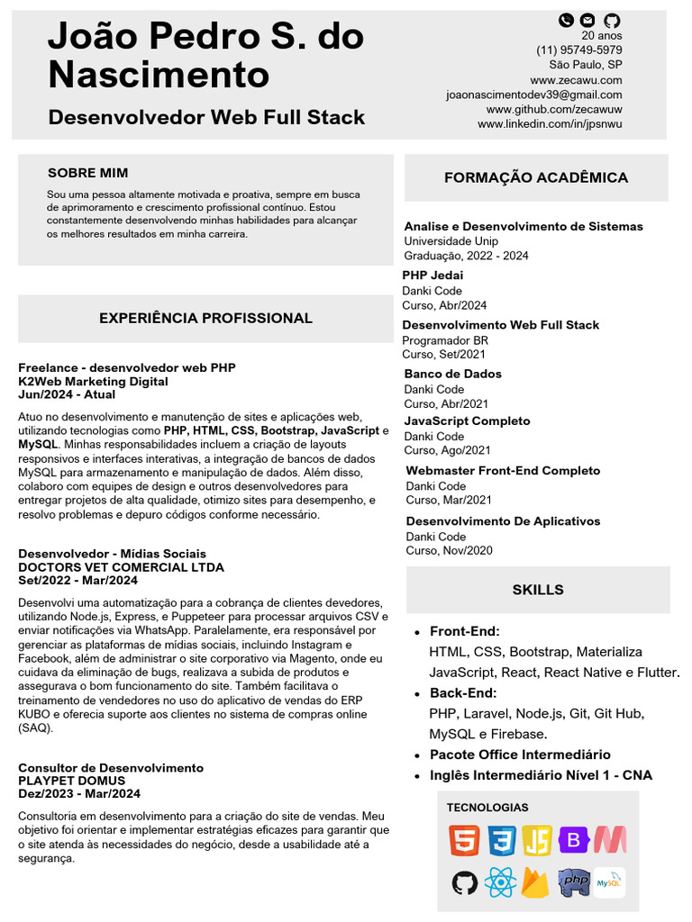 Currículo de Desenvolvedor Web Full Stack | PDF | Script Java | Php