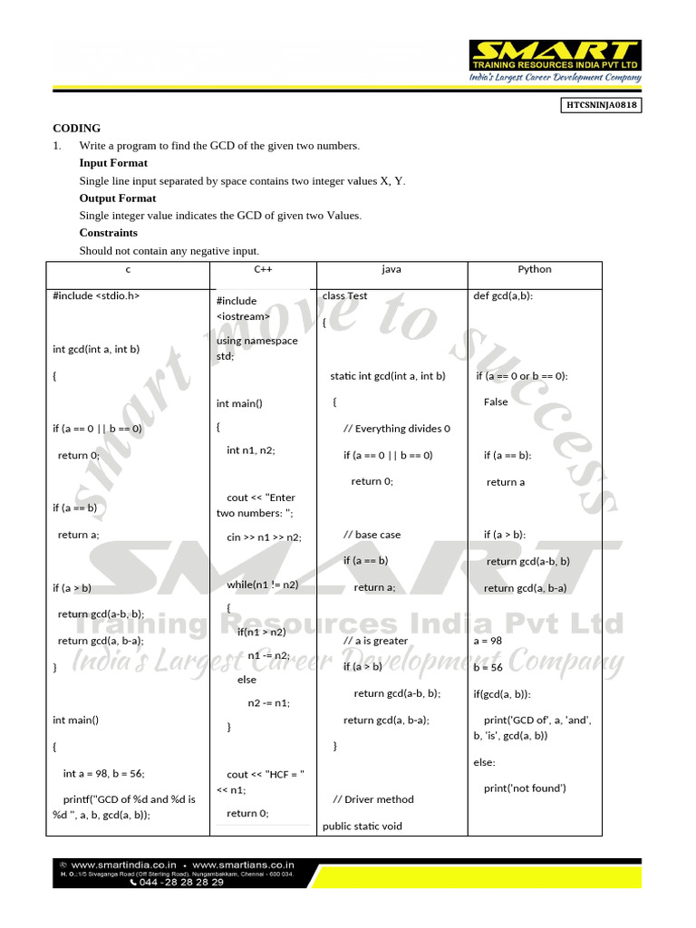 TCS Placement Season NINJA Technical CODING 10 Tests | PDF | Computer ...