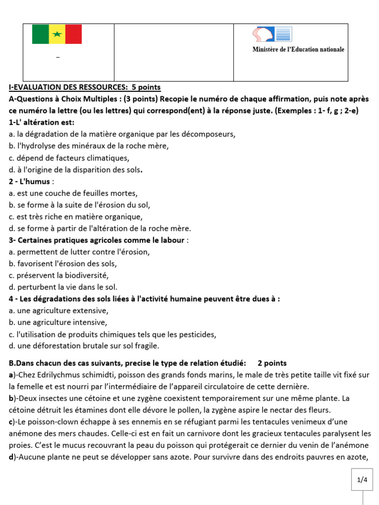 Évaluation SVT 2nde : Érosion et Écosystèmes | PDF | Sol (pédologie ...