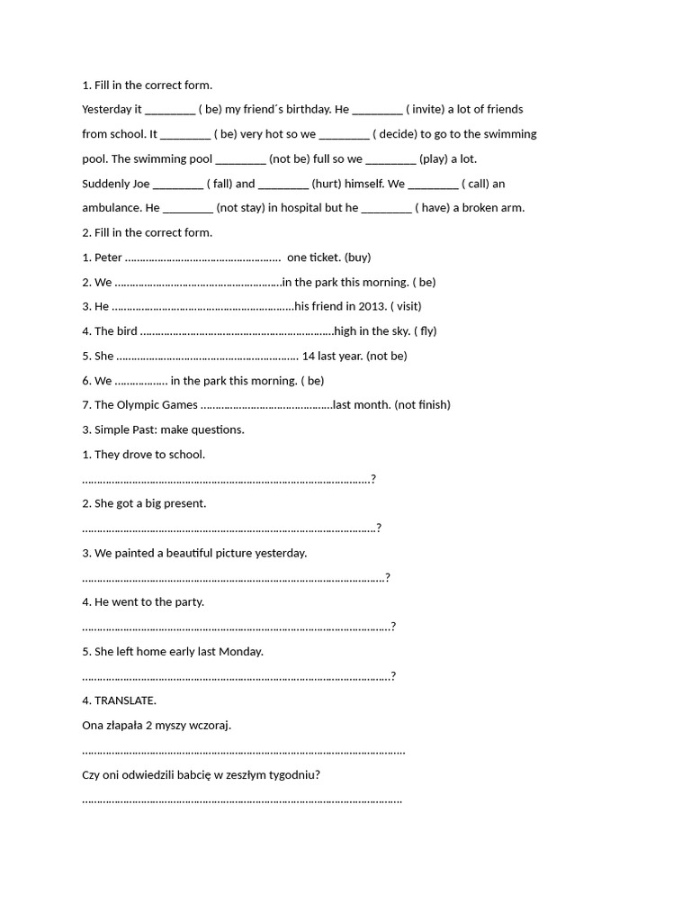 Past Simple Test Klasa 6 past simple test | PDF