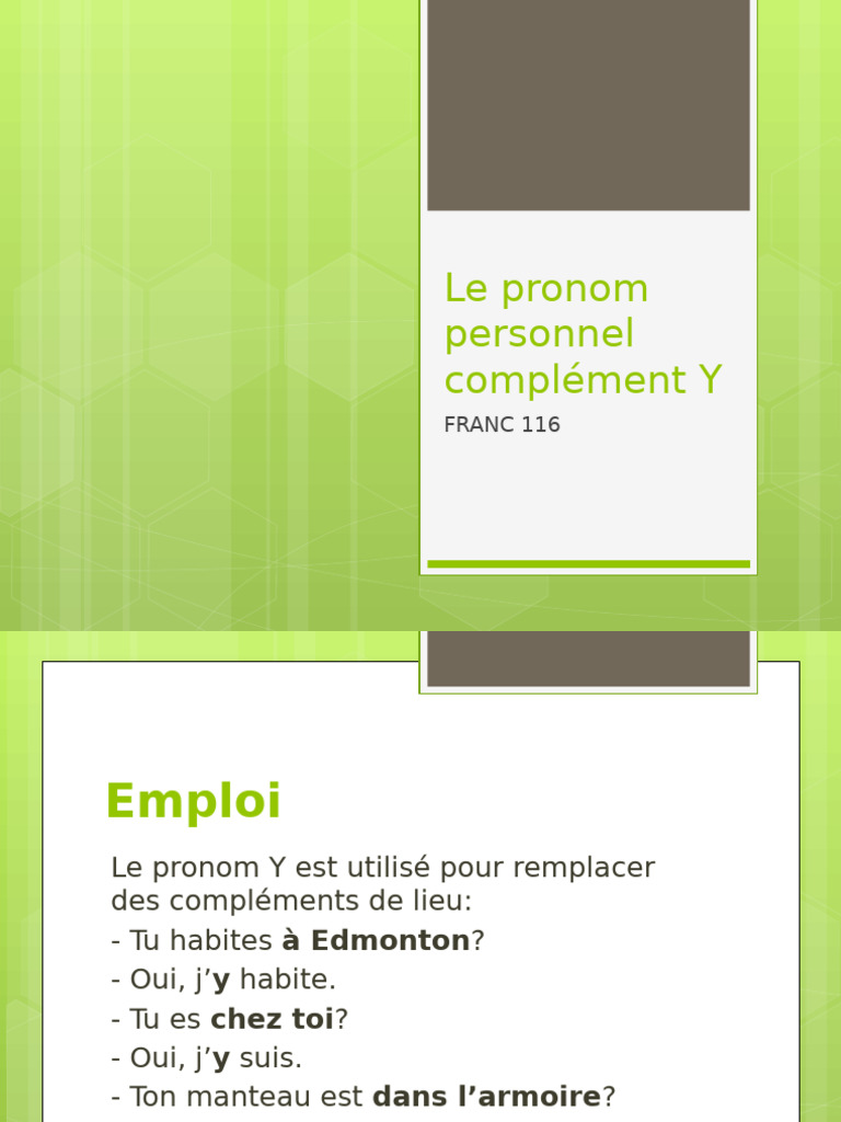 Le Pronom Personnel Complément Y: FRANC 116 | PDF