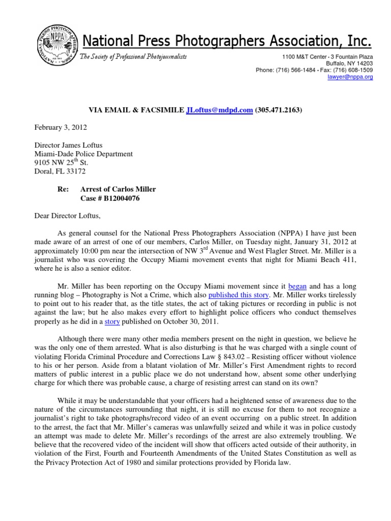 NPPA Letter on Carlos Miller's Arrest | PDF