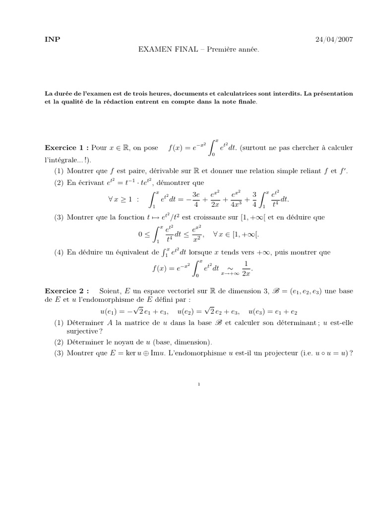 Examen Final de Megamaths 1ère Année | PDF | Matrice (Mathématiques ...