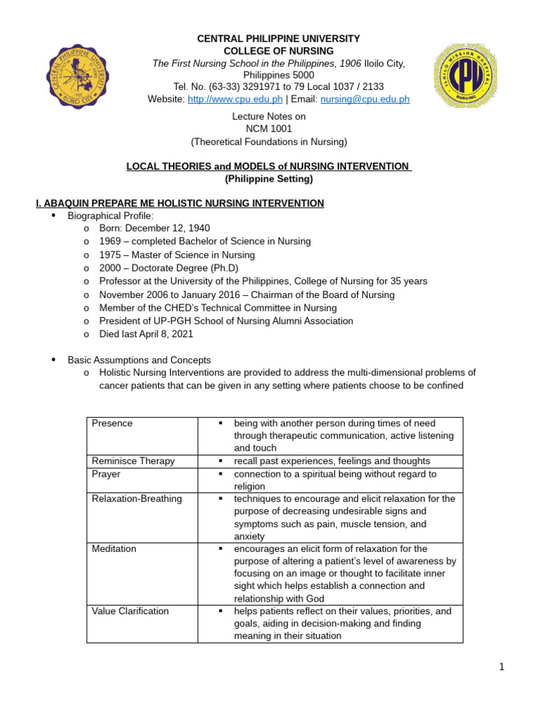 Local Theories Lecture Notes Part 2 | PDF | Nursing | Anxiety