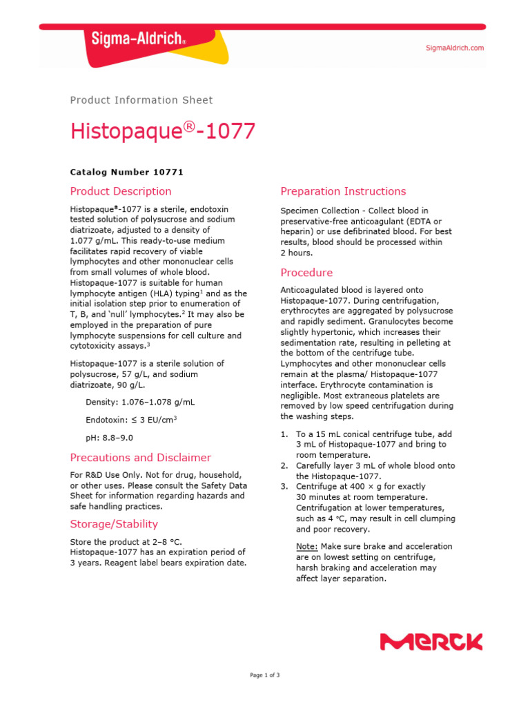 Histopaque 1077 Protocol | PDF | Blood | Centrifugation