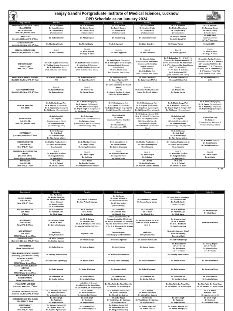 SGPGI OPD Schedule January 2024 | PDF | Health Care | Clinical Medicine