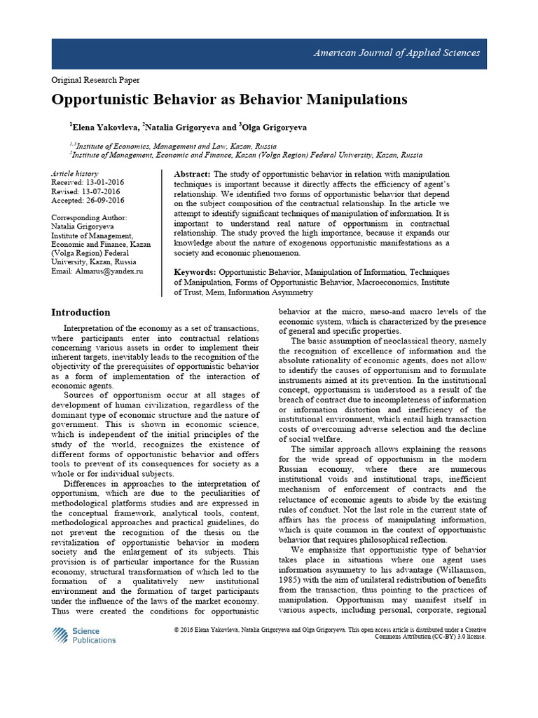 Opportunistic Behavior As Behavior Manipulations | PDF | Economics ...