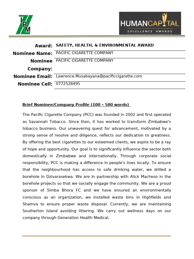 Pacific Cigarette Company Safety Award Submission | PDF | Occupational ...