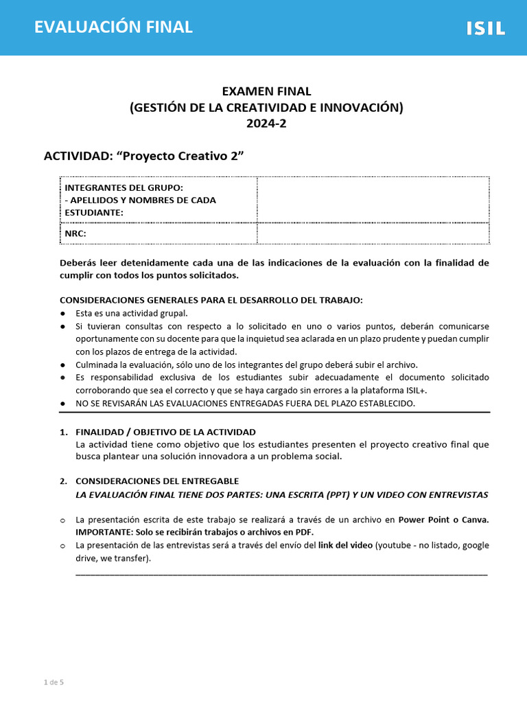 Examen Final 2024-2 - Creatividad e Innovación | PDF