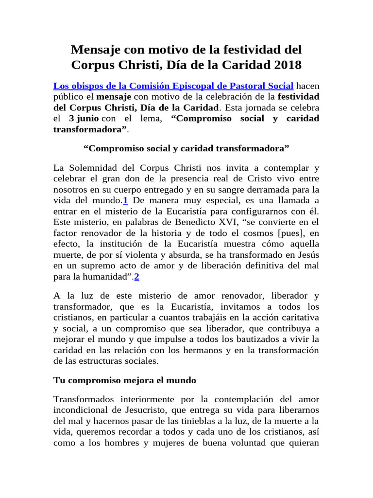 JUNIO 3 Mensaje Con Motivo de La Festividad Del Corpus Christi | PDF ...
