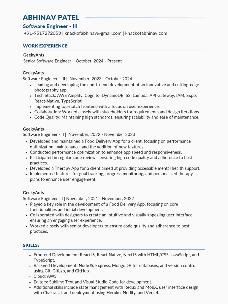 Abhinav Patel - Software Engineer Profile | PDF