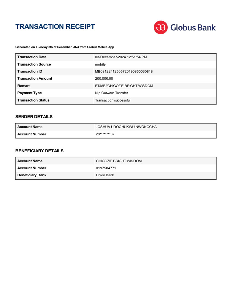 Successful Mobile Transfer Receipt | PDF