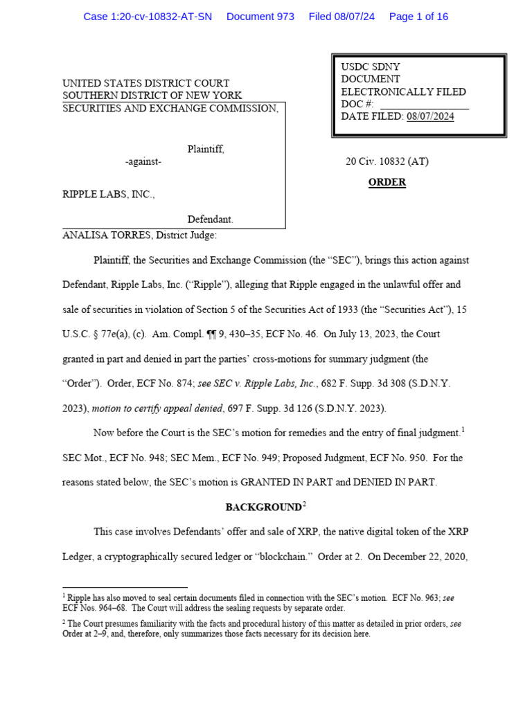 SEC V Ripple 20240808 | PDF | Public Law | Common Law