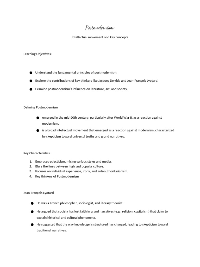 Postmodernism WPS Office | PDF | Postmodernism | Deconstruction