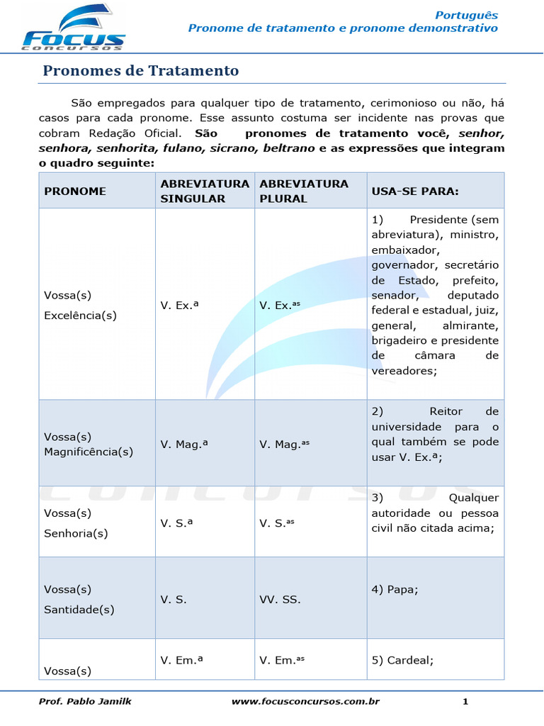 Pronomes Demonstrativos e de Tratamento | PDF | Pronome | Linguística