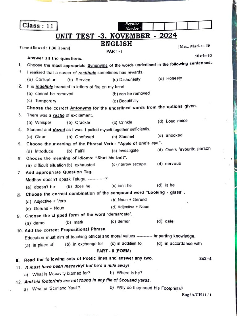 Class 11 English Unit 3 Test Guide | PDF | Grammar | Syntax