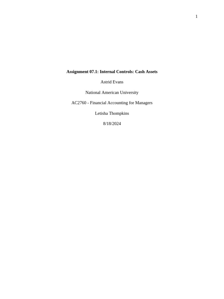 Assignment 07.1 Internal Controls Cash Assets | PDF | Internal Control ...