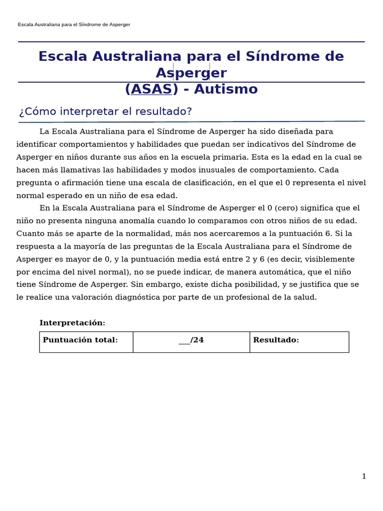 Escala para Diagnóstico de Asperger | PDF | Síndrome de Asperger | Las ...