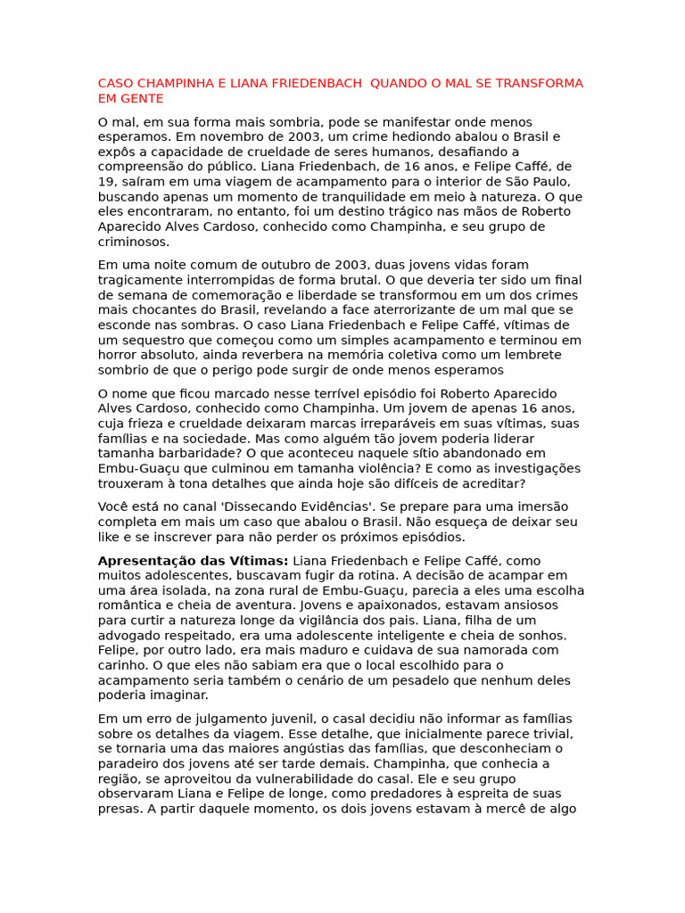 Caso Liana Friedenbach e Champinha | PDF | Psicologia | Psicopatia
