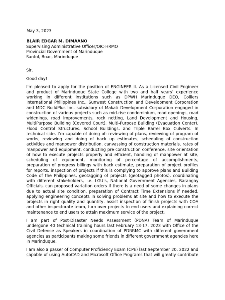 Application for Engineer II Position | PDF
