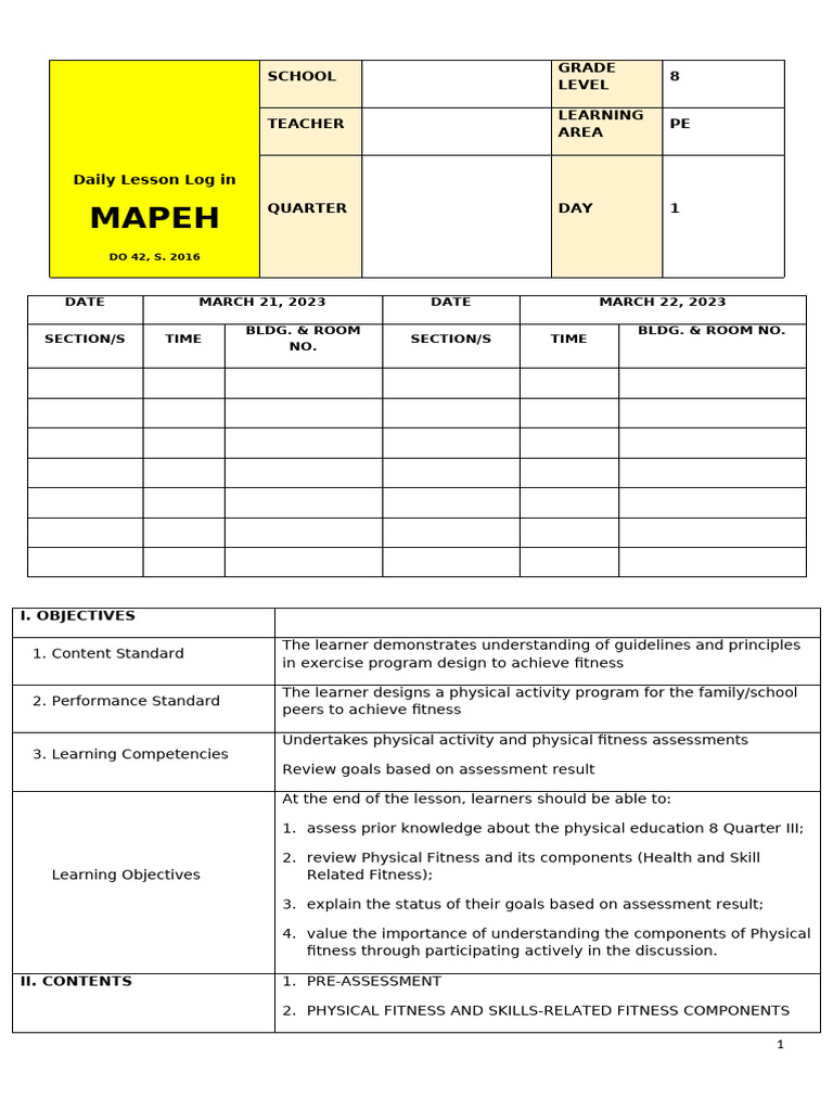 MAPEH Grade 8 Daily Lesson Log | PDF | Learning | Physical Education