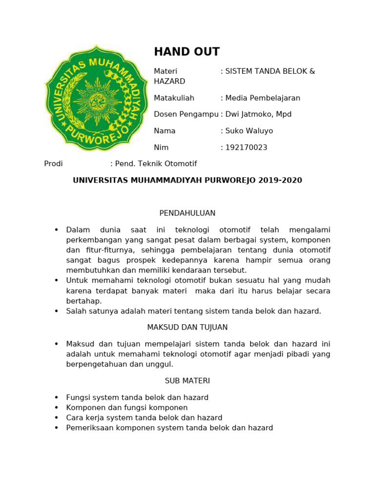 HAND OUT SISTEM TANDA BELOK Dan HAZARD | PDF