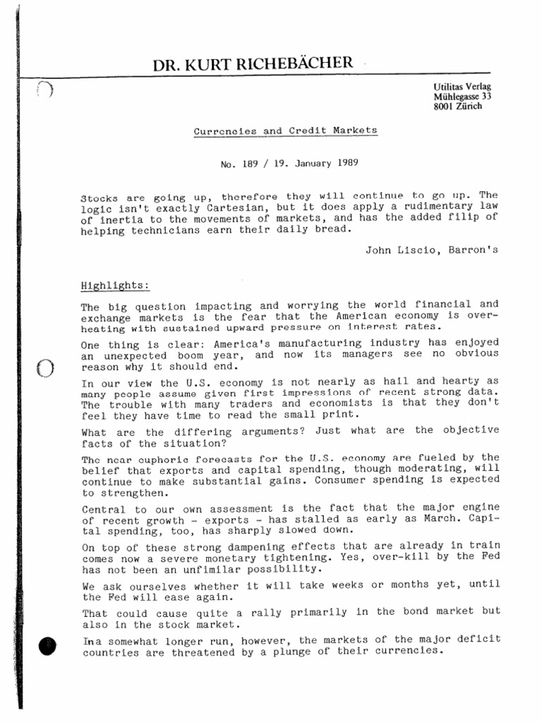 189 - The Richebacher Letter - January 1989, Unfounded Worries and ...